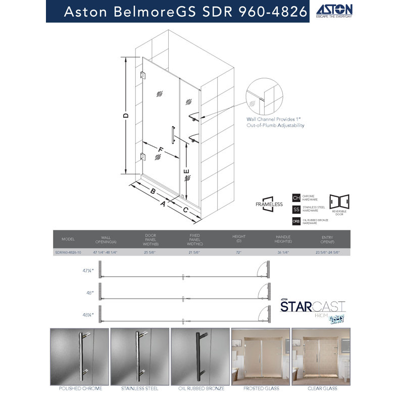 Belmore GS 48" x 72" Hinged Frameless Shower Door, Frosted, Matte Black