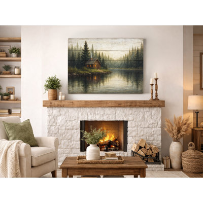 Cozy Cabin by the Lake - Rustic Wood Panel Canvas Art