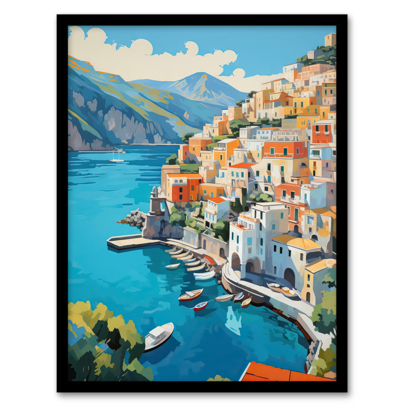 Amalfi Coast Artwork Blue Orange Green Italy Landscape - Single Picture Frame Print