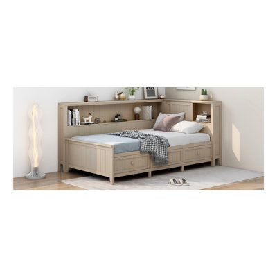 Lit de jour simple en bois avec tablettes de rangement et 3 tiroirs, lait blanc antique