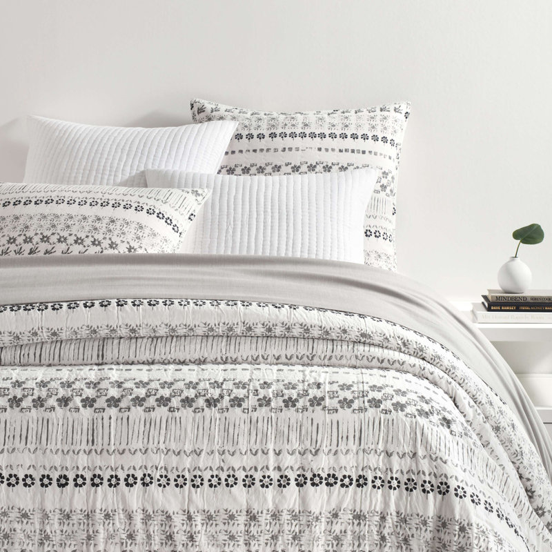 Gray and Ivory Floral Cotton Coverlet