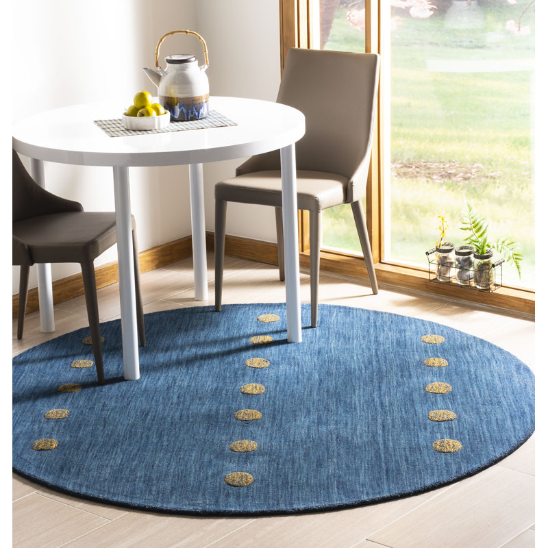 Tapis bleu en laine tissé à la main à pois Pixley, Rond 6 pi
