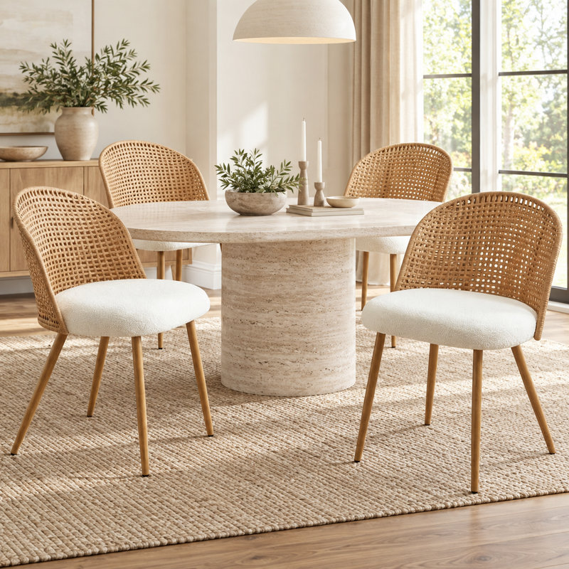 Ensemble de 4 chaises de salle à manger bohèmes en osier avec coussins moelleux, 4