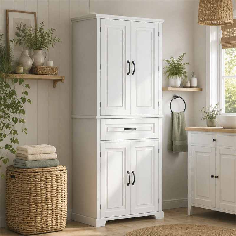 Armoire de rangement de salle de bain avec portes et tiroir, Blanc