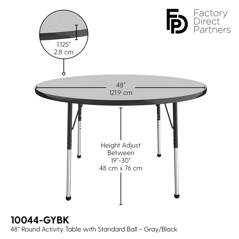 Table ronde à hauteur réglable, 48", Gris / noir, Standard Ball Glide