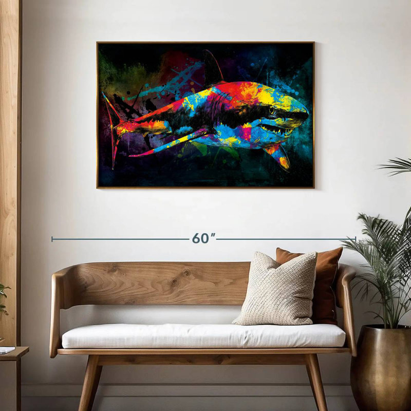 Great White Shark Color Grunge, Floating Frame Gold, 43" X 29"