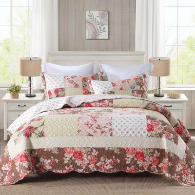 Cotton Quilt Set Real Patchwork Luxury Rose Bedding Set, Blooming Flowers