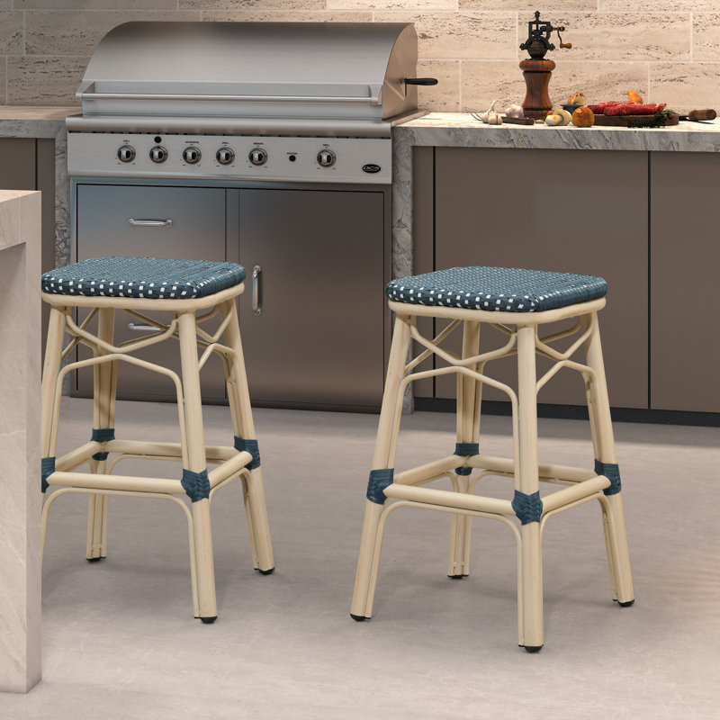 Tabouret de bar et de comptoir d'extérieur en rotin PE de style campagne française PURPLE LEAF (1 chaise), Bleu foncé