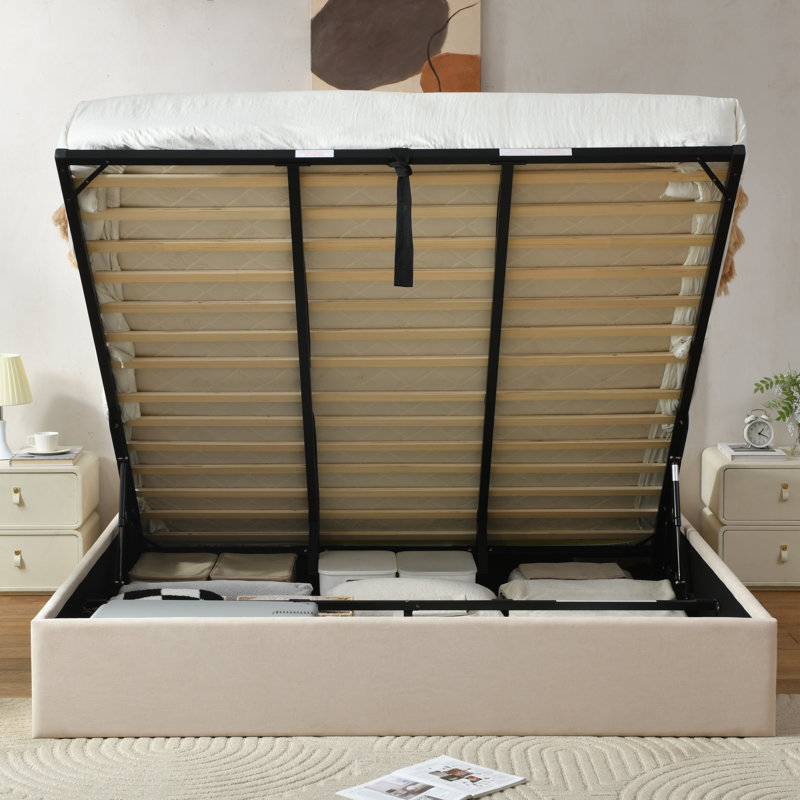 Juanetta Hydraulic Lift Up Storage Upholstered Platform Bed, Beige Linen, California King