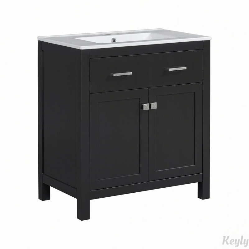 Meuble-lavabo simple moderne avec lavabo en céramique avec 2 portes et une tablette, Noir, noir, noir, noir
