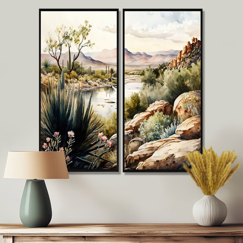 Arizona Desert Scenery IV - Green, art mural moderne sur toile 2 pièces, H 32 po x l 32 po, Noir