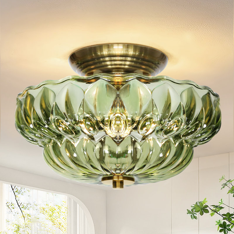 Plafonnier semi-encastré 3 lumières en verre vert, Vert