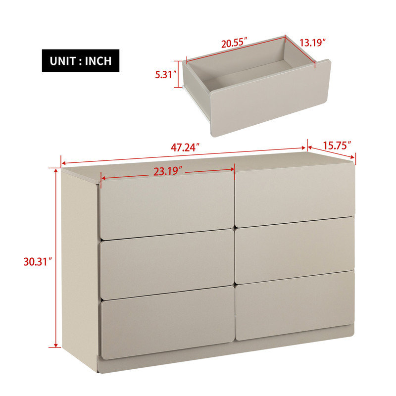 6-Drawer Storage Cabinet with Rounded Corners, Multi-Functional Sideboard Console Table, Light Gray