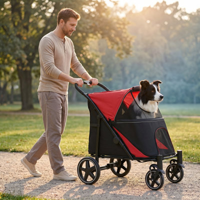 Poussette pour chien pour les grands chiens de taille moyenne jusqu'à 66 lb Poussette pour chat pliable en un clic de 23,5 po de long avec rangement, roues d'absorption des chocs, fenêtre en filet, laisse de sécurité, rouge