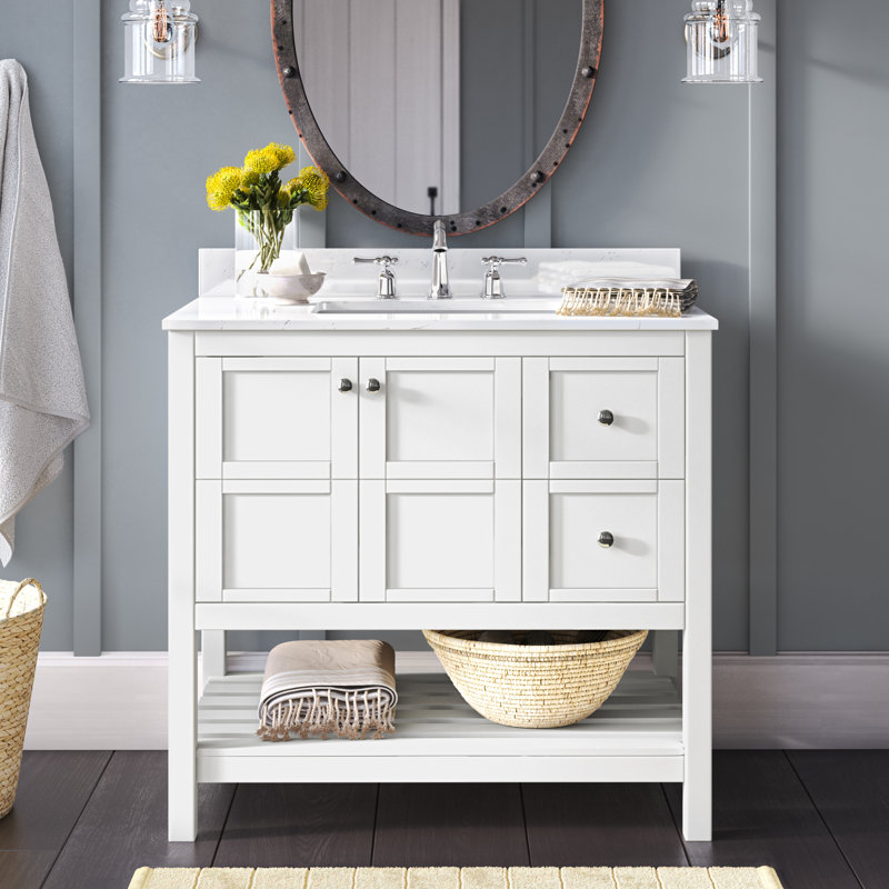 Krish 36'' Single Bathroom Vanity with Engineered Marble Top, White