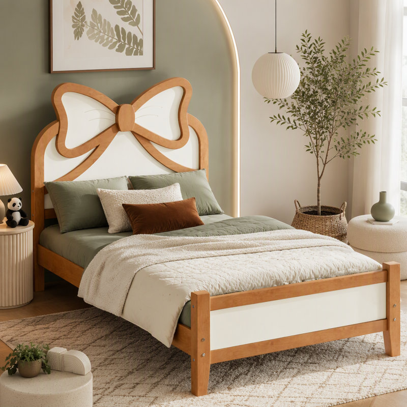 Twin Size Solid Wood Platform Bed with Bow Headboard Slatted Support Low Profile No Box Spring Needed