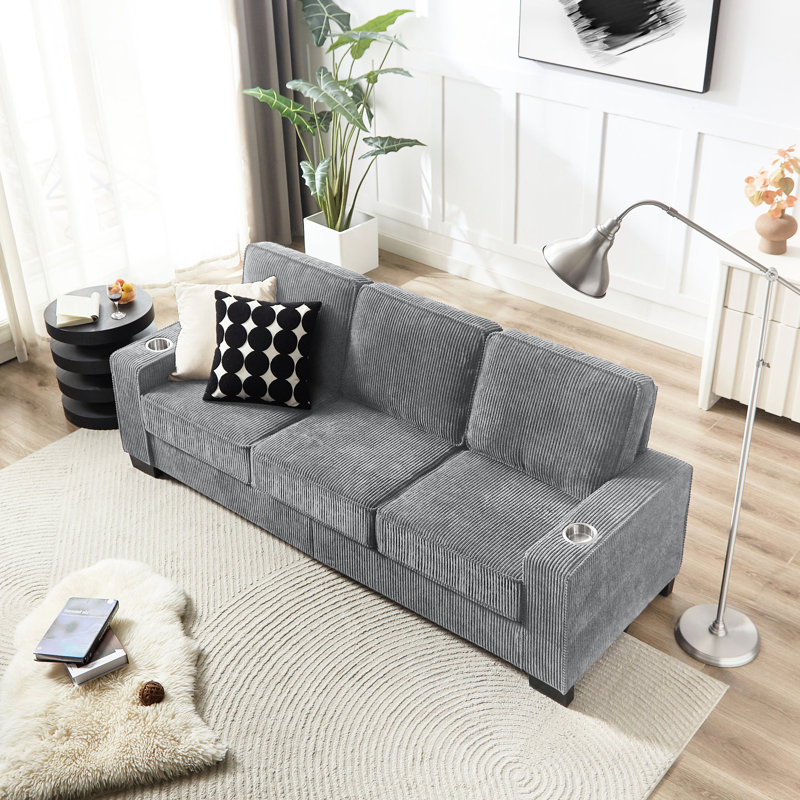 Canapé moderne en velours côtelé 83,86 po avec 3 porte-gobelets en tissu doux au toucher pour bureau personnel, chambre à coucher et salon