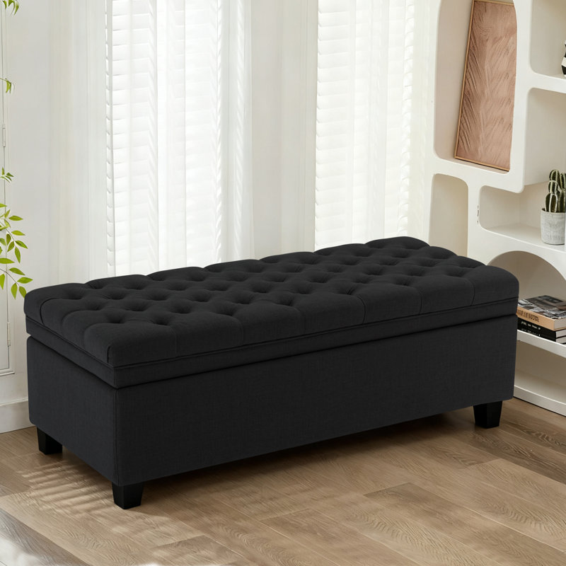 Cassina 51" Linen Upholstered  Storage Ottoman Bench , Black Linen