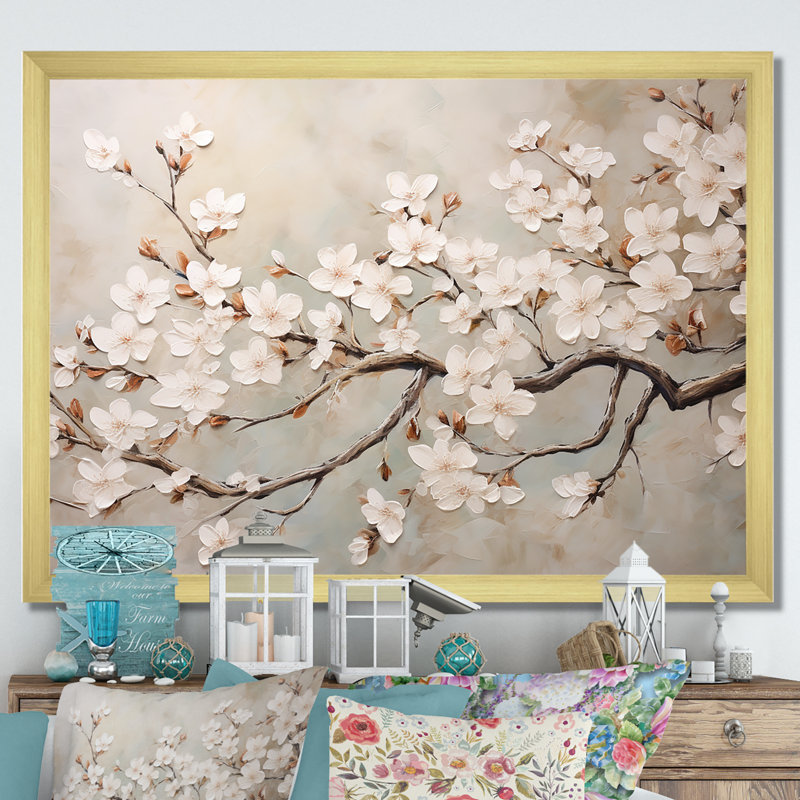 Minimalisme blanc et gris Cherry Blossom III - art mural Cherry Blossom, Cadre doré, H 34 po x l 44 po x P 1,5 po
