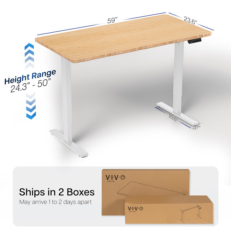 Bureau debout électrique 60 "x 24" VIVO, plateau de table en bambou, structure blanche, H 24,6 po x l 59 po x P 23,6 po