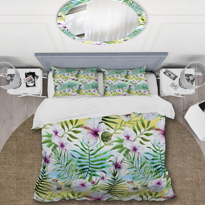 Ensemble de housse de couette rétro fleur et vert - Polyester en microfibre