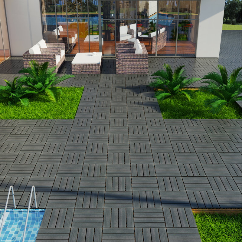 Floor Tiles Pack Of 22  WPC Wood-Plastic Composite Deck Tiles DIY Interlocking Decking Tiles, Dark Gray