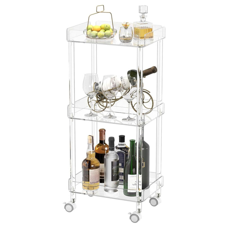 Clear Acrylic 3-Tier Rolling Serving Cart with Lockable Wheels