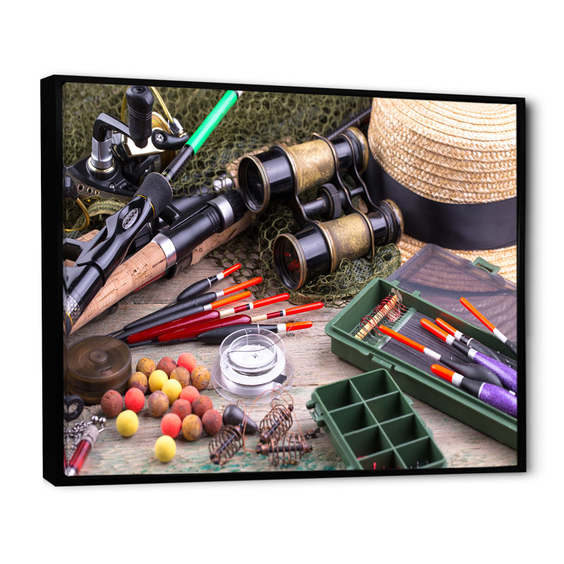 " Fishing Supplies Layout ", Black Floater Framed, 12" H x 20" W x 1" D