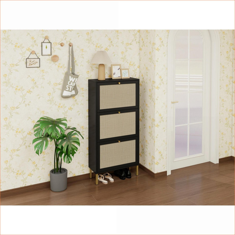 Shoe Storage Cabinets | 3-Door Freestanding Modern Engineered Rattan Shoe Organizer | Gold Handles | Particle Board | Entryway