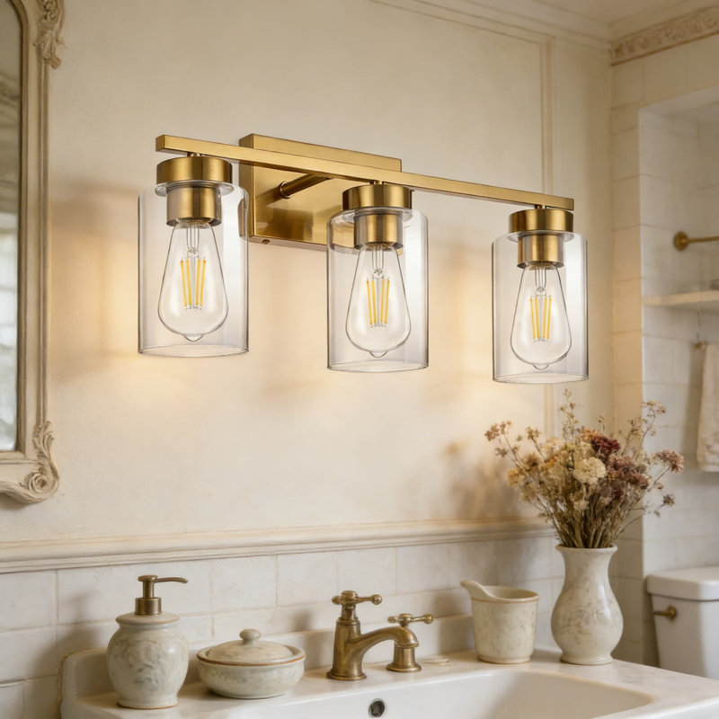 Luminaire de meuble-lavabo moderne à 3 lumières avec finition dorée brossée et abat-jour en verre transparent, applique murale pour miroir de salle de bain, salon, chambre à coucher et couloir