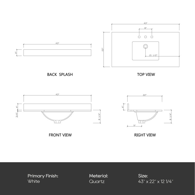 43'' White Marble Single Vanity Top with Ceramic Sink