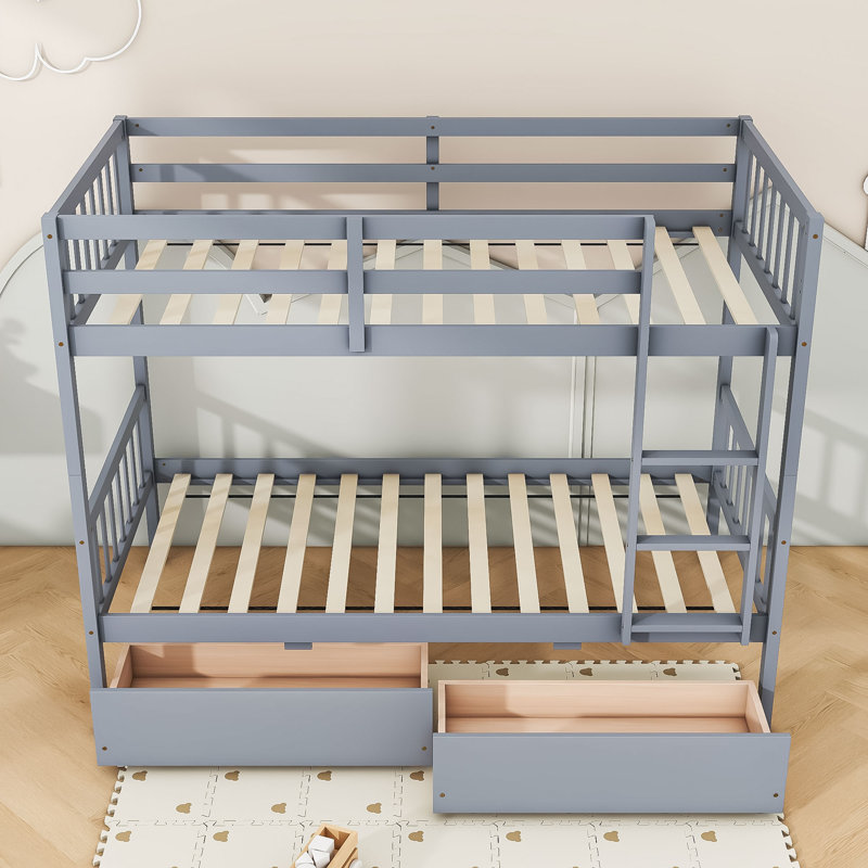 Lit superposé en bois d'hévéa avec deux tiroirs, gris, Simple sur simple