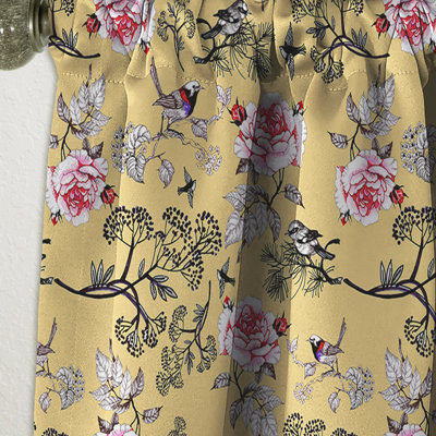Floral And Birds in Yellow background - Animal Print Floral Blackout Curtain Single Panel
