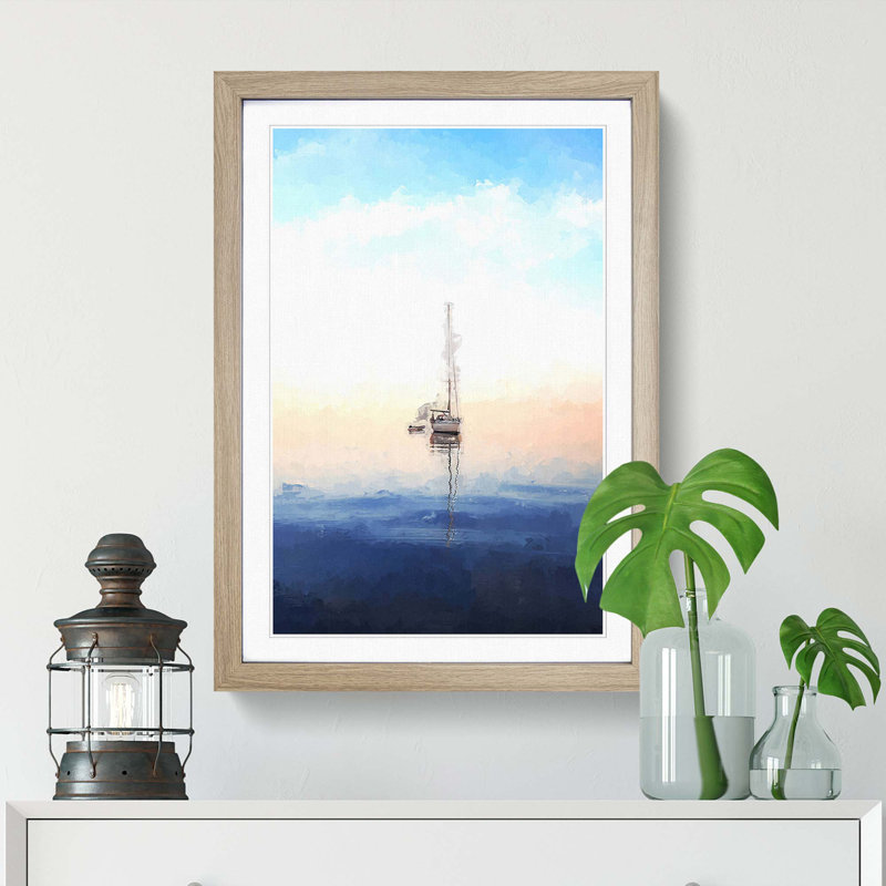 Lone Sailboat in Abstract - Picture Frame Graphic Art Print, 50cm H x 35cm W x 2cm D, Oak