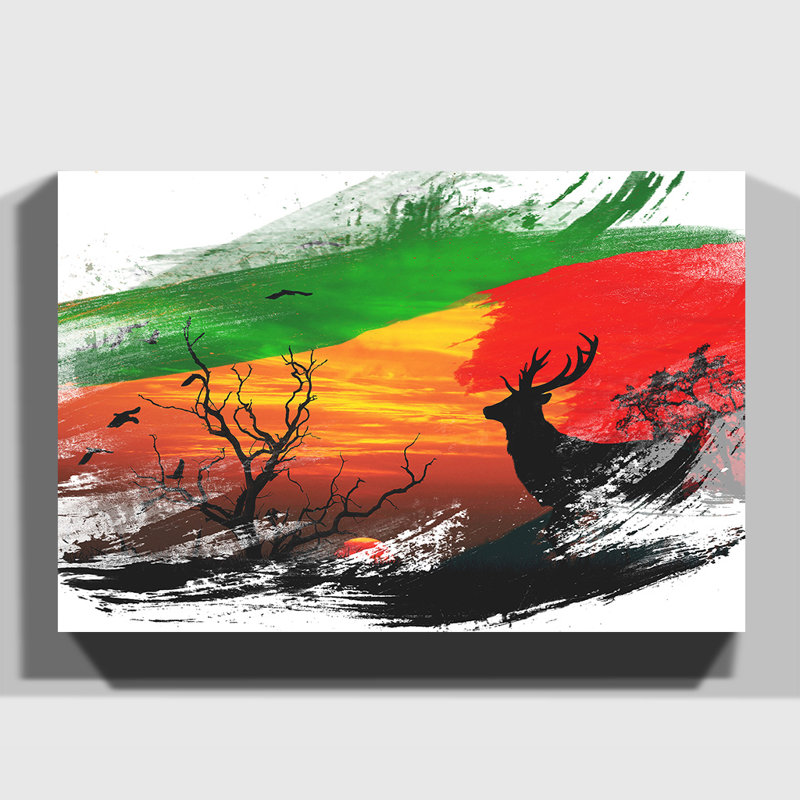 Sunset Stag and Birds Landscape - Wrapped Canvas, 70cm H x 100cm W