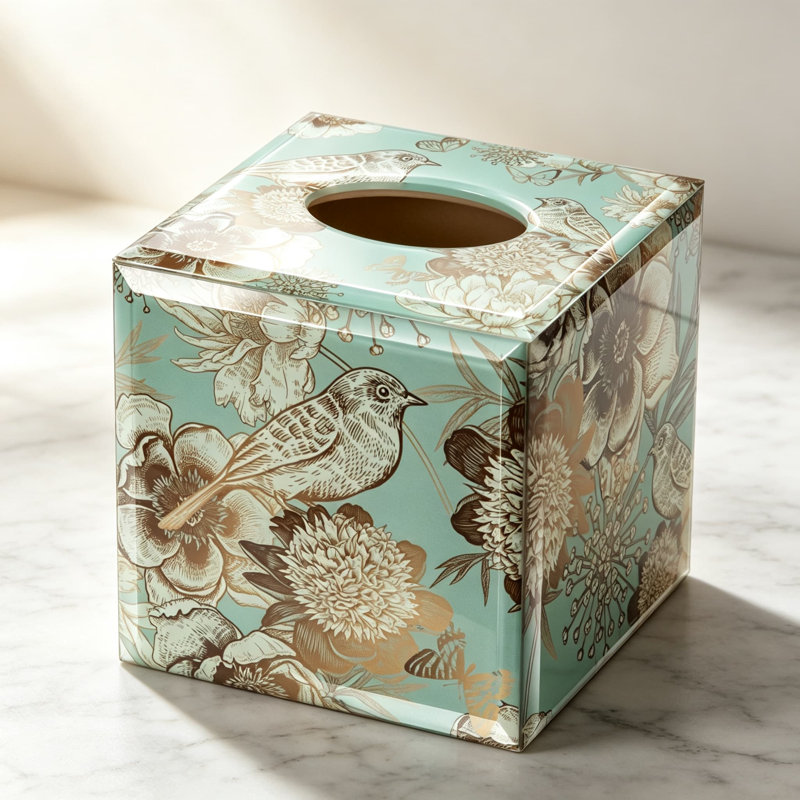 Boîte à mouchoirs en verre avec couvercle carré décoratif à motif floral et papillon, idéale pour une décoration intérieure nordique moderne et élégante.