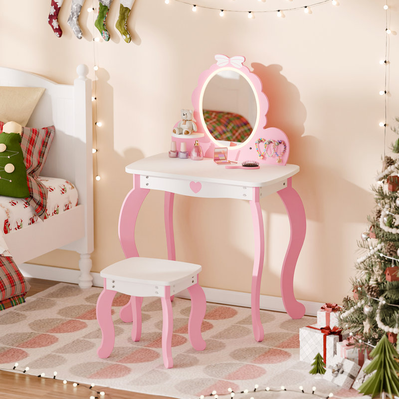 Kids Vanity Set With Lighted Mirror And Stool, Pink
