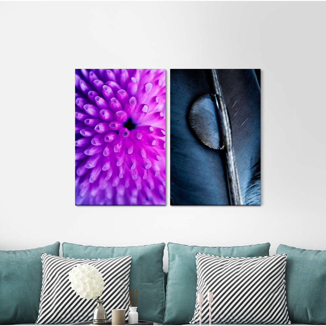 2-tlg. Leinwandbilder-Set - Fotografie „Coral Water Drops Feather Modern Impressive”