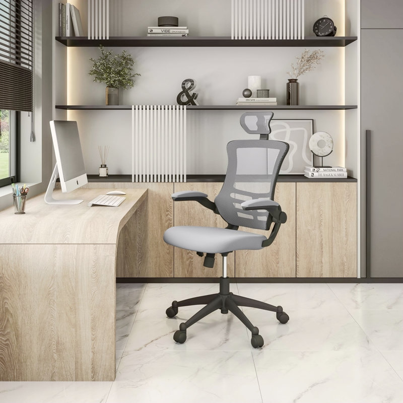 Fauteuil de direction moderne haut dossier en filet avec appui-tête et accoudoirs rabattables Techni Mobile, Gris, Argent