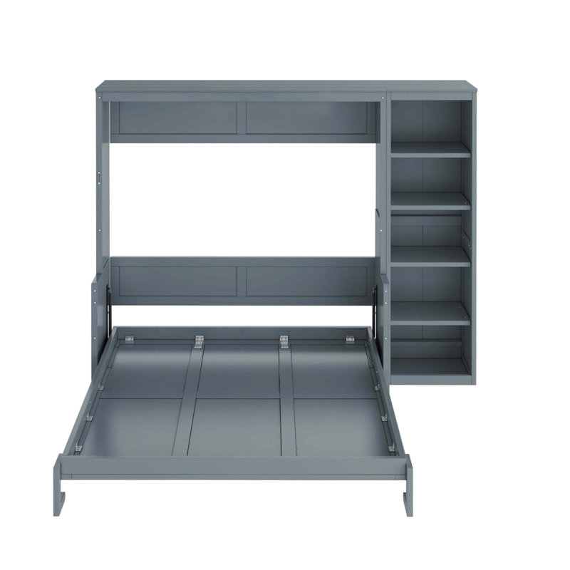 Grand lit escamotable compact avec unités de rangement intégrées pour bureau et bibliothèque, gris, Lit double, Gris