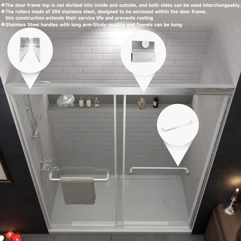 57–60 in W x 72 in H Modern Double Sliding Shower Door,  1/4 in (6mm) Tempered Glass, Chrome Aluminum Frame, Chrome