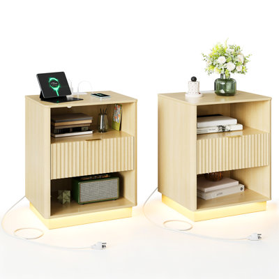 Fluted Nightstands Set of 2 with Charging Station and LED Light, Modern Bedside Tables with Drawer, USB & Type-C Ports, Rounded Edge End Tables for Bedroom and Living Room