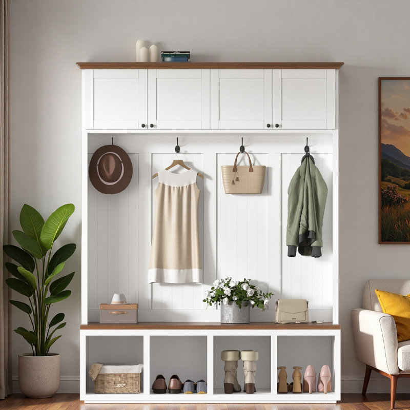 Farmhouse Hall Tree With Bench, 4 Cabinets, 4 Open Compartments And Coat Racks, White