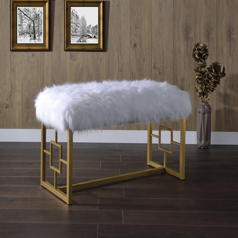 White Faux Fur & Gold Finish Bench