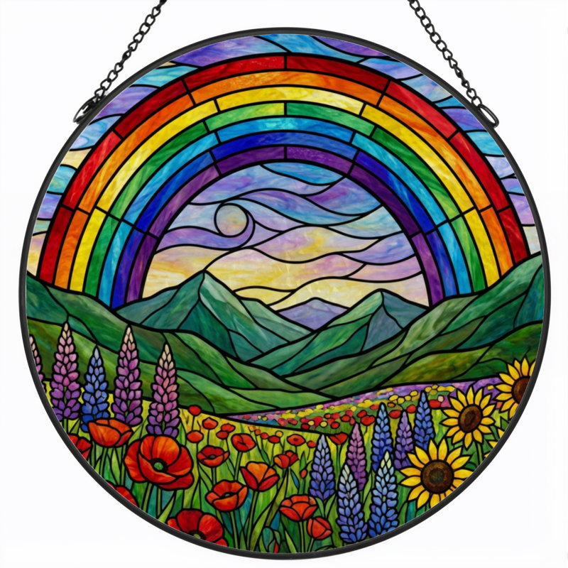 7.8"H Rainbow Landscape Stained Glass Window Panel, 7.8" H x 7.8" W