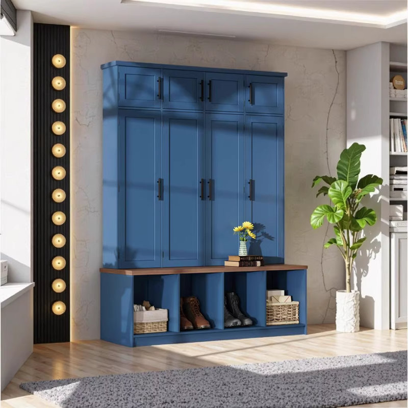 Farmhouse Hall Tree with 4 Hidden Hanging Hooks, Walnut Seating Bench & 8-Door Shoe Cabinet, Versatile Entryway Storage with Open Compartment for Living Room, Blue