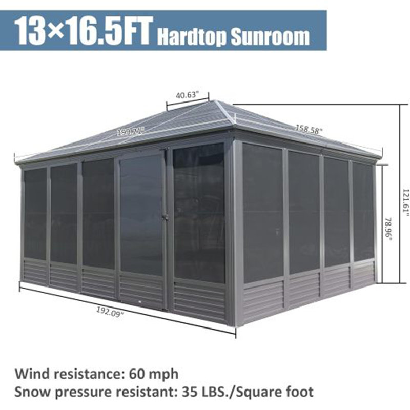 Sunroom, Four Season Solarium Aluminum Hardtop Gazebo with Galvanized Steel Roof, Movable PVC Screen Walls, Sliding Doors, Sun Room Pavilion Gazebo for Patio Deck Backyard