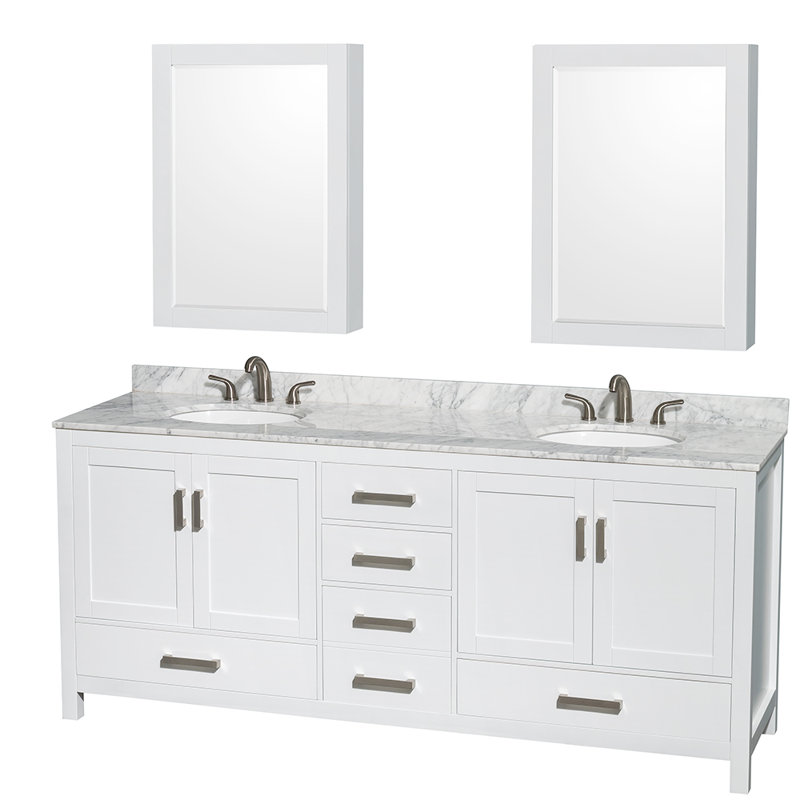 Sheffield 80" Freestanding Double Bathroom Vanity with Marble Top with Medicine Cabinets, White Carrara Marble