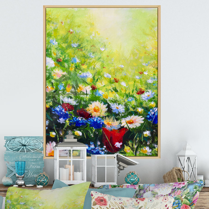 Blooming Flowers Nature Field - Peinture, H 12 po x l 8 po x P 1 po, Toile naturelle avec cadre flottant