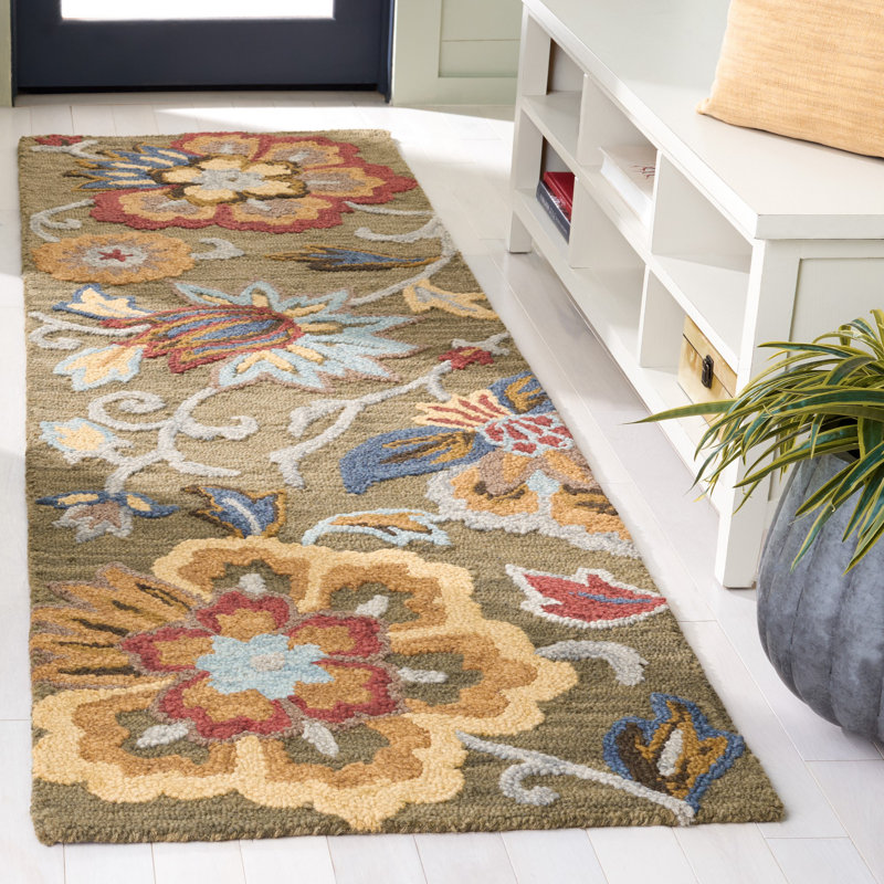 Tapis floral en coton touffeté à la main Blossom - rouge / vert, Tapis de couloir 2 pi 3 po x 8 pi